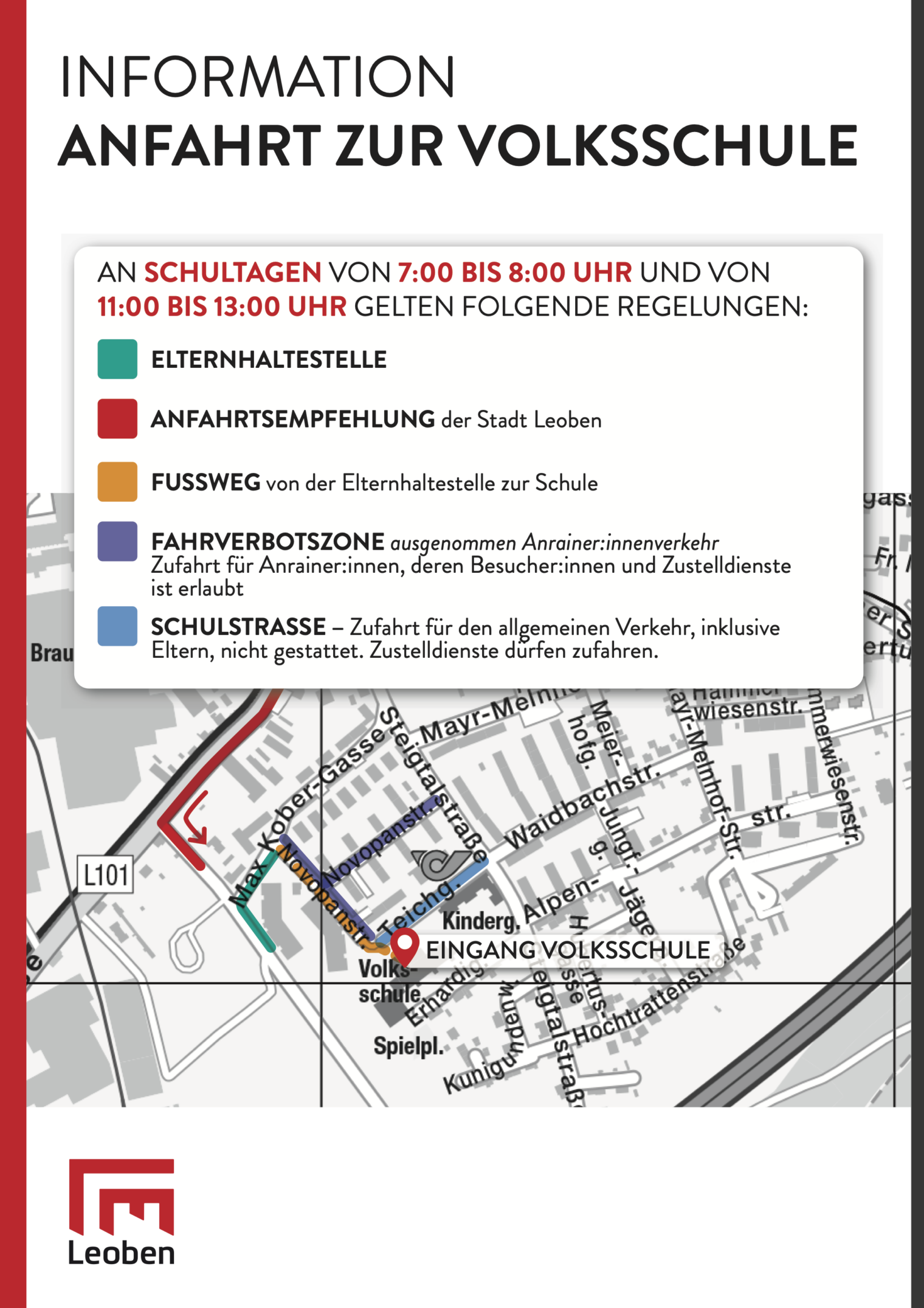 Stadtplan mit eingezeichneten Zonen für Anfahrt, Parken und Fußweg zur VS Göss